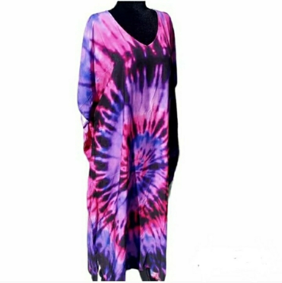 Kaftan Tie Dye Dress Swim Cover Up Maxi Loungewear OS L XL 1X NEW 💜 Last 1 - Picture 6 of 9